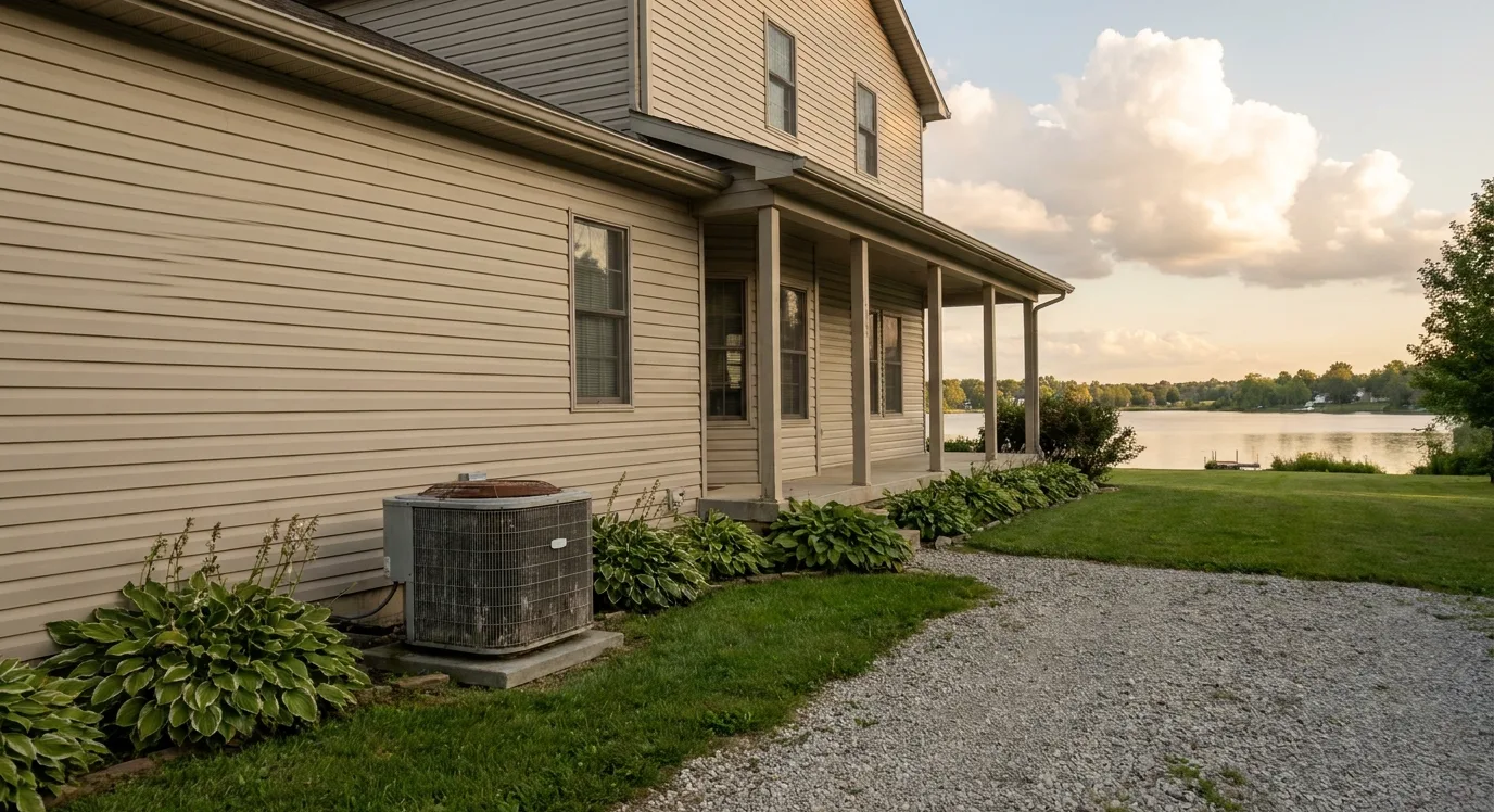 A vinyl-sided home with a condenser in summer