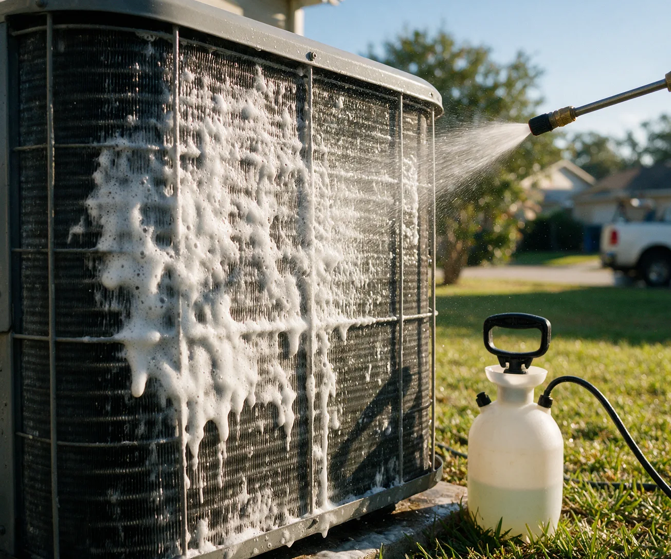 Foaming cleaner on a condenser coil
