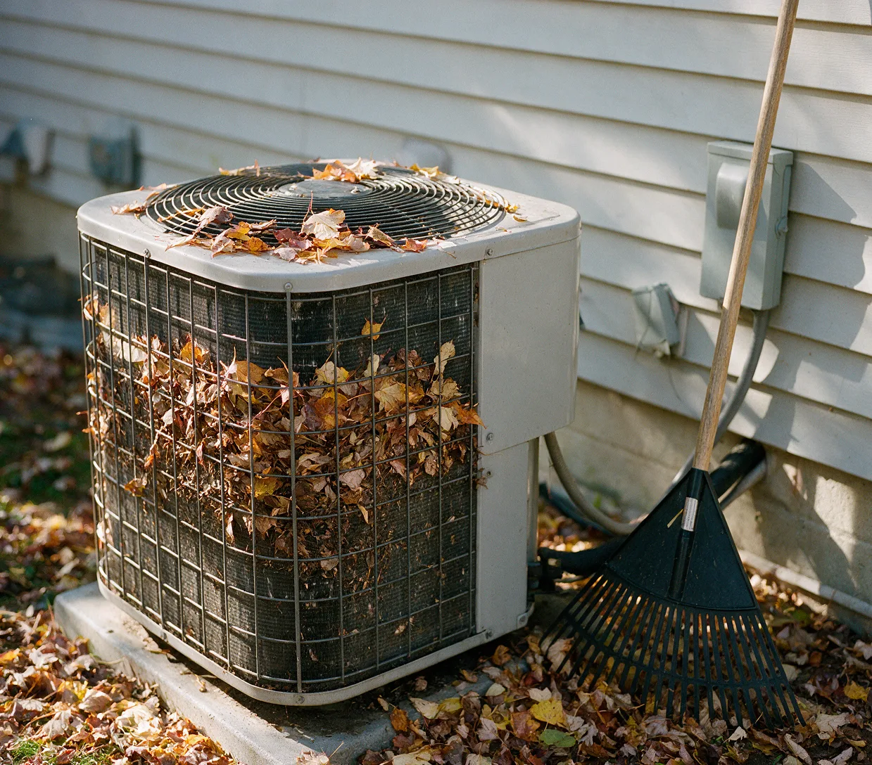 Leaves packed around a heat pump